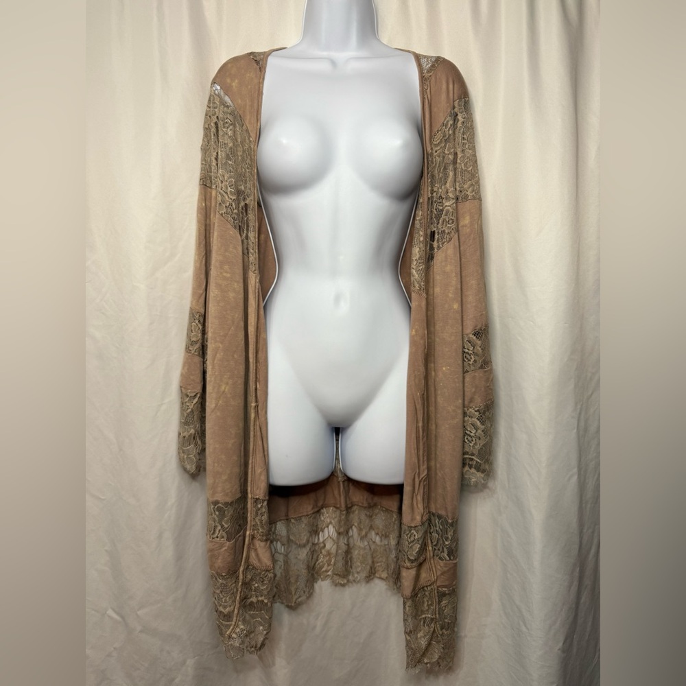 Beige Lace Trim Open-Front Women's Kimono